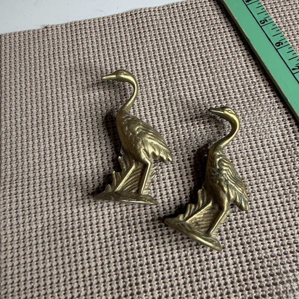 Vintage Solid Brass Crane Heron Bird Figurines Set of 2 Taiwan Mid Century Decor
